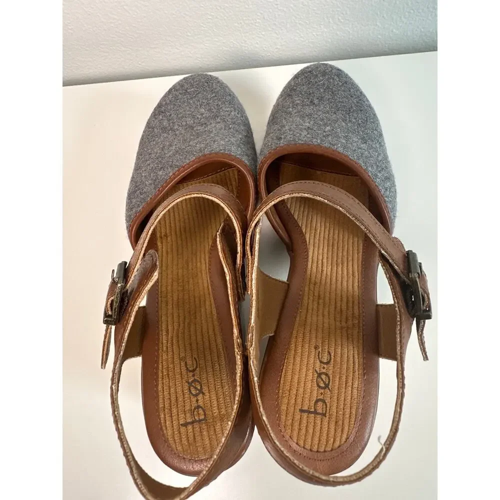 BOC Big on Comfort Grey Felt & Brown Ankle Strap Platform Clog Heels | Size 8